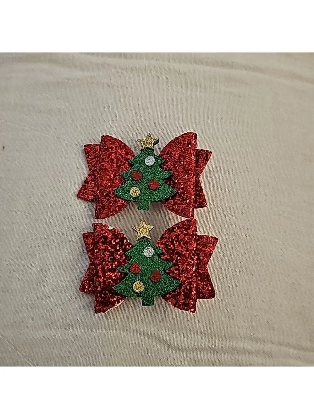 Christmas hair bow pair red bow with a green christmas tree